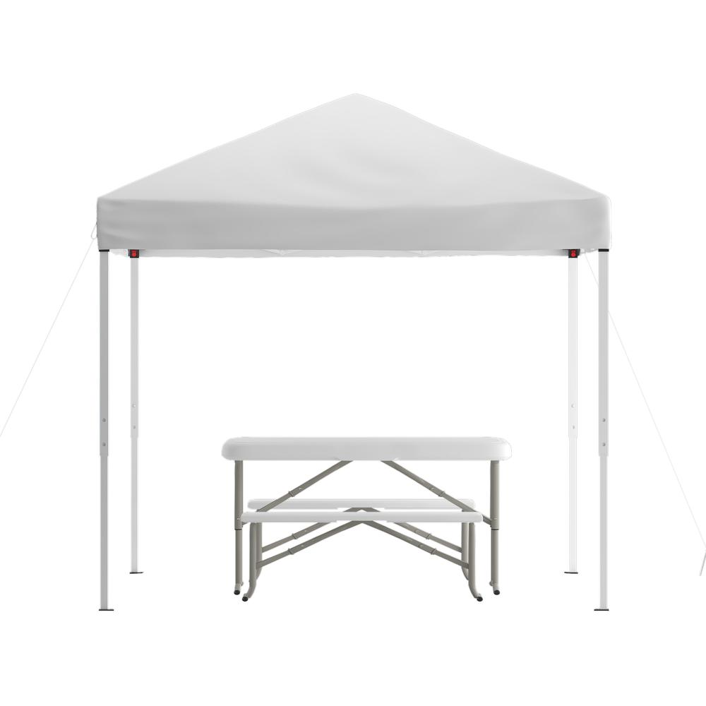 8'x8' White Event Canopy Tent with Carry Bag and Folding Bench Set. Picture 1