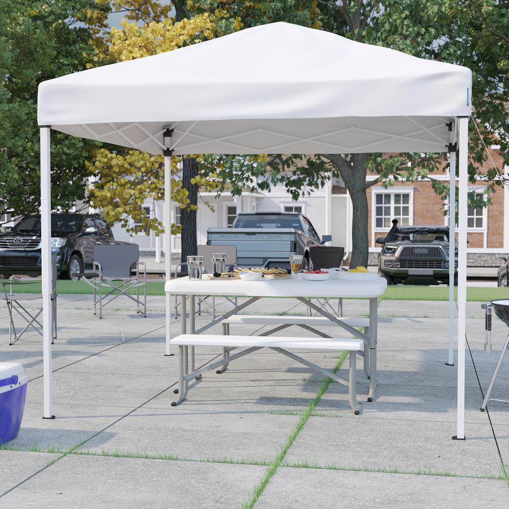 8'x8' White Event Canopy Tent with Carry Bag and Folding Bench Set. Picture 2