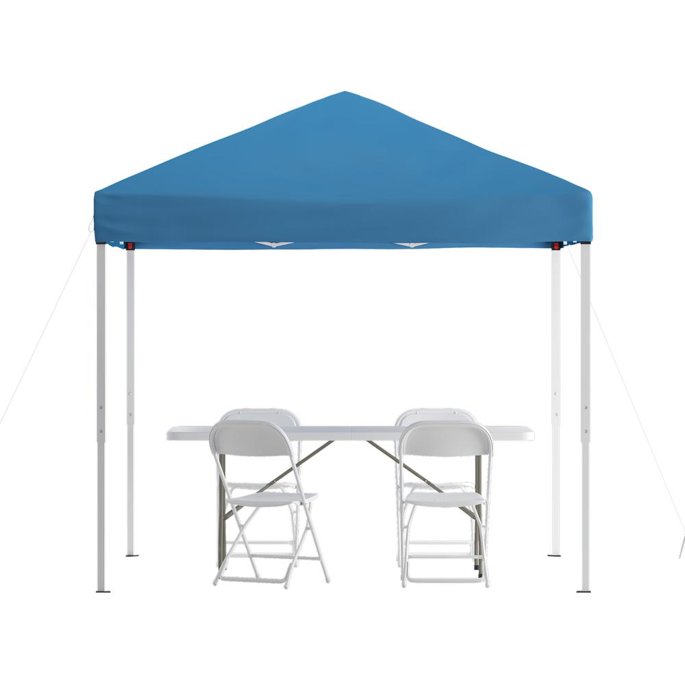 Tent Set - 8'x8' Blue Canopy Tent, 6-Foot Table, Set of 4 White Folding Chairs. Picture 1