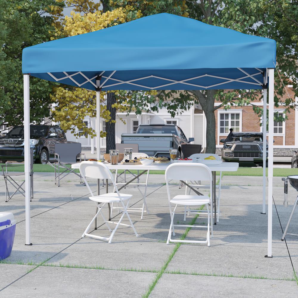 Tent Set - 8'x8' Blue Canopy Tent, 6-Foot Table, Set of 4 White Folding Chairs. Picture 2