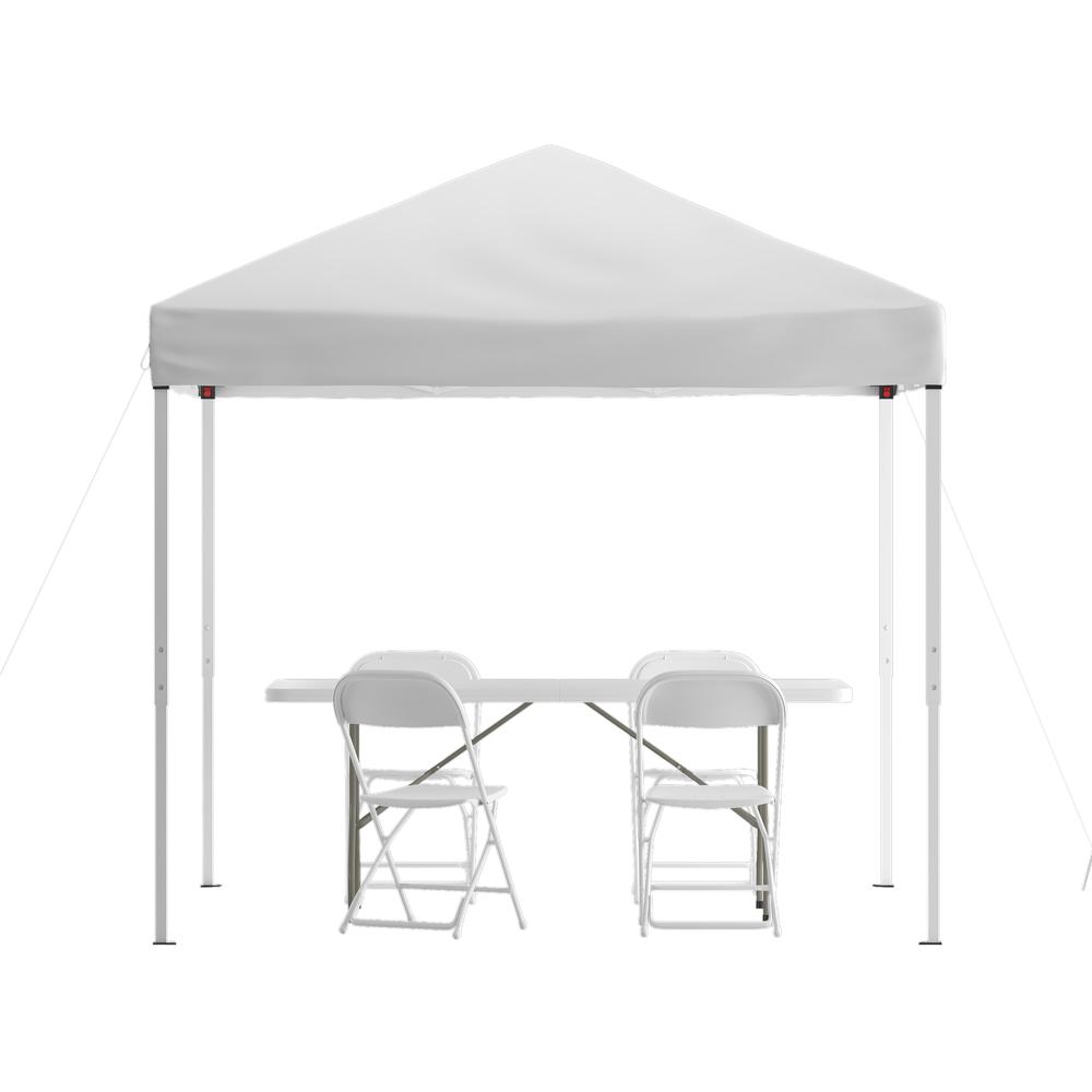 Tent Set - 8'x8' White Canopy Tent, 6-Foot Table, Set of 4 White Folding Chairs. Picture 1