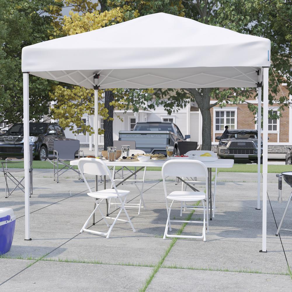 Tent Set - 8'x8' White Canopy Tent, 6-Foot Table, Set of 4 White Folding Chairs. Picture 2