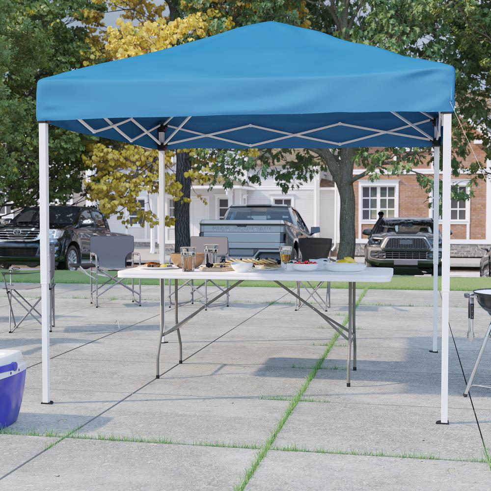8'x8' Blue Event Canopy Tent with Carry Bag and 6-Foot Bi-Fold Folding Table. Picture 2