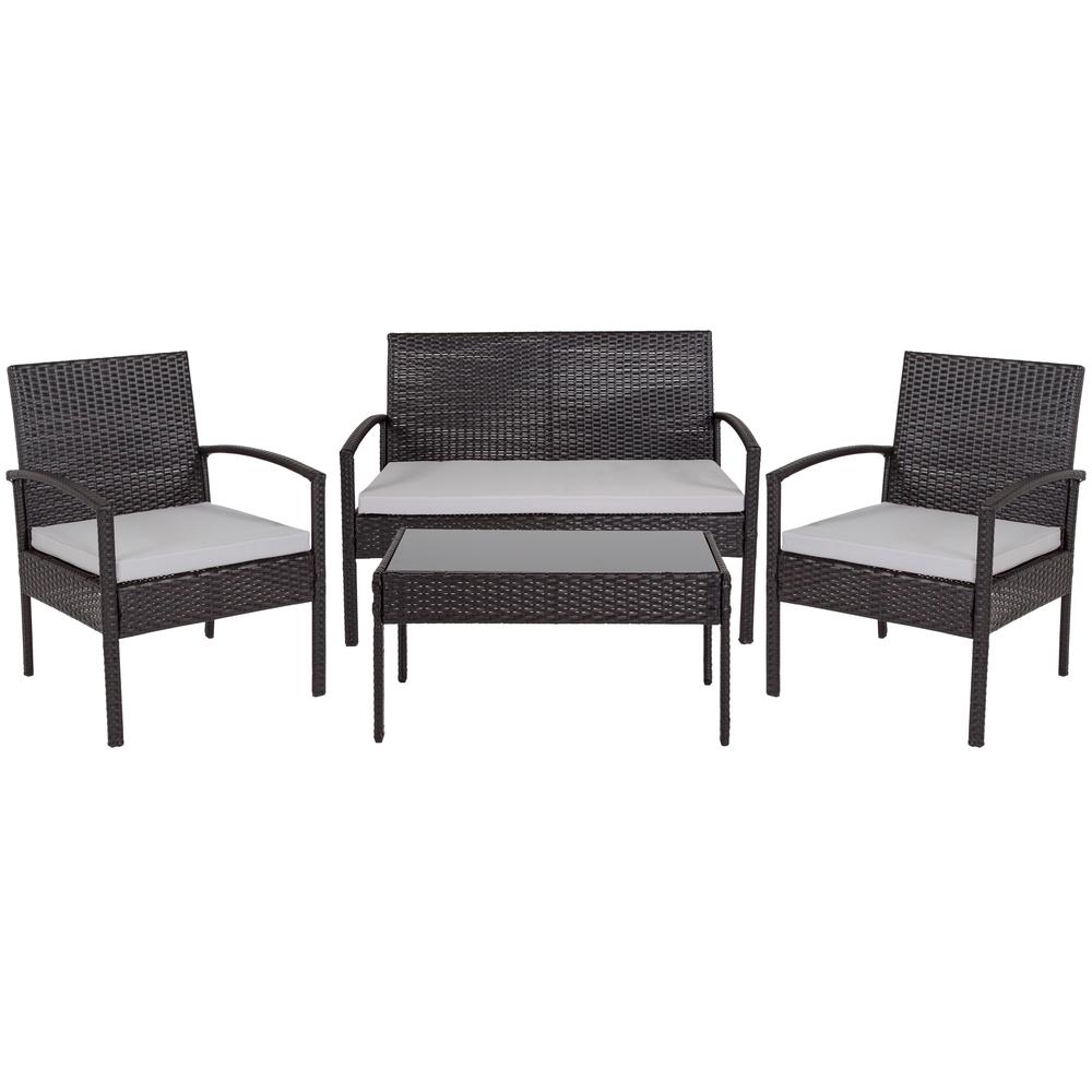 4 Piece Black Patio Set with Steel Frame and Gray Cushions. Picture 1