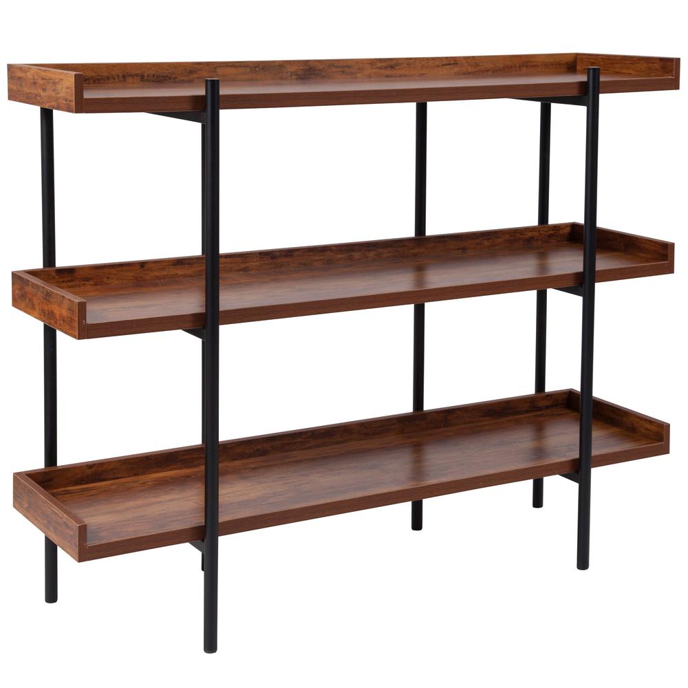 3 Shelf 35"H Storage Display Unit Bookcase with Black Metal Frame in Rustic Wood Grain Finish. Picture 1