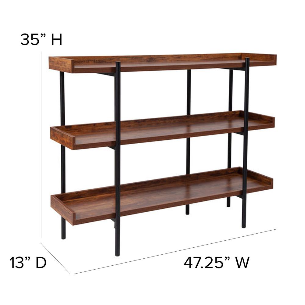 3 Shelf 35"H Storage Display Unit Bookcase with Black Metal Frame in Rustic Wood Grain Finish. Picture 2