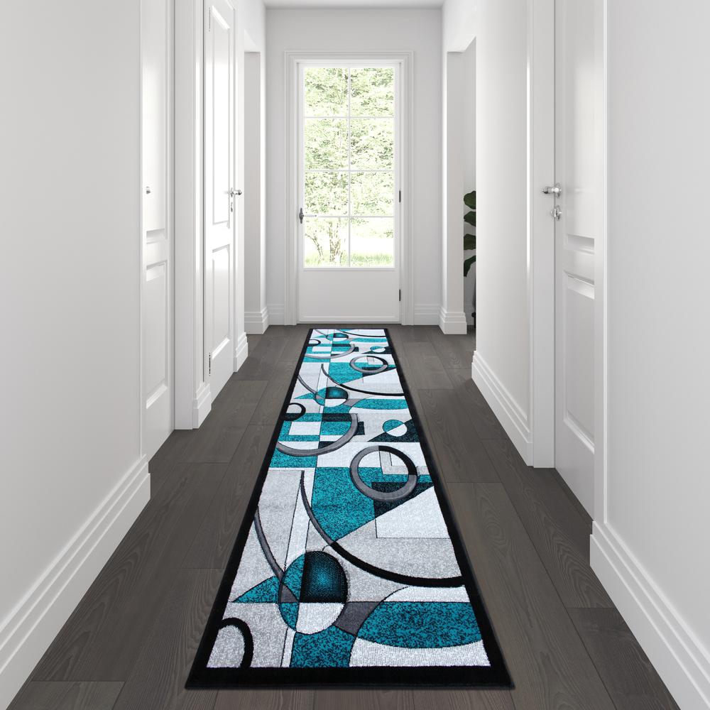 3' x 10' Turquoise Geometric Abstract Area Rug - Olefin Rug. Picture 2