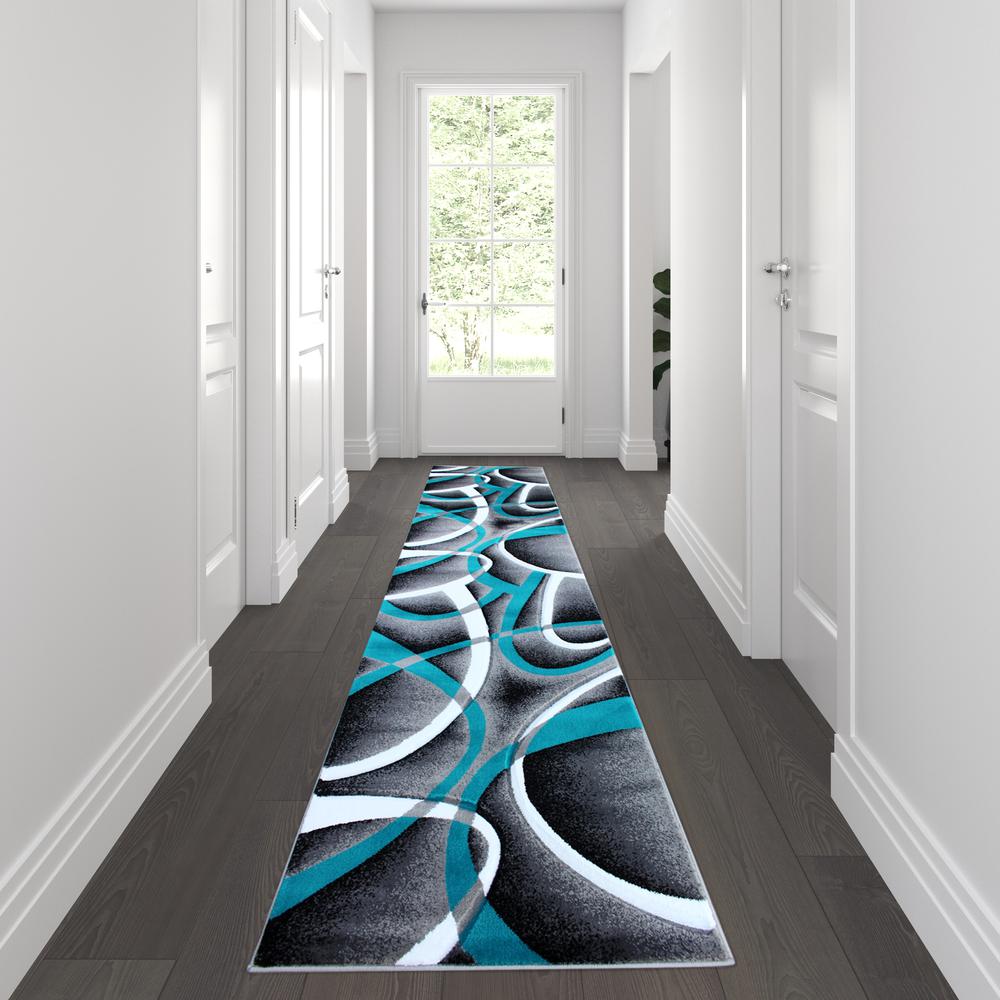 3' x 10' Turquoise Abstract Area Rug - Olefin Rug. Picture 2