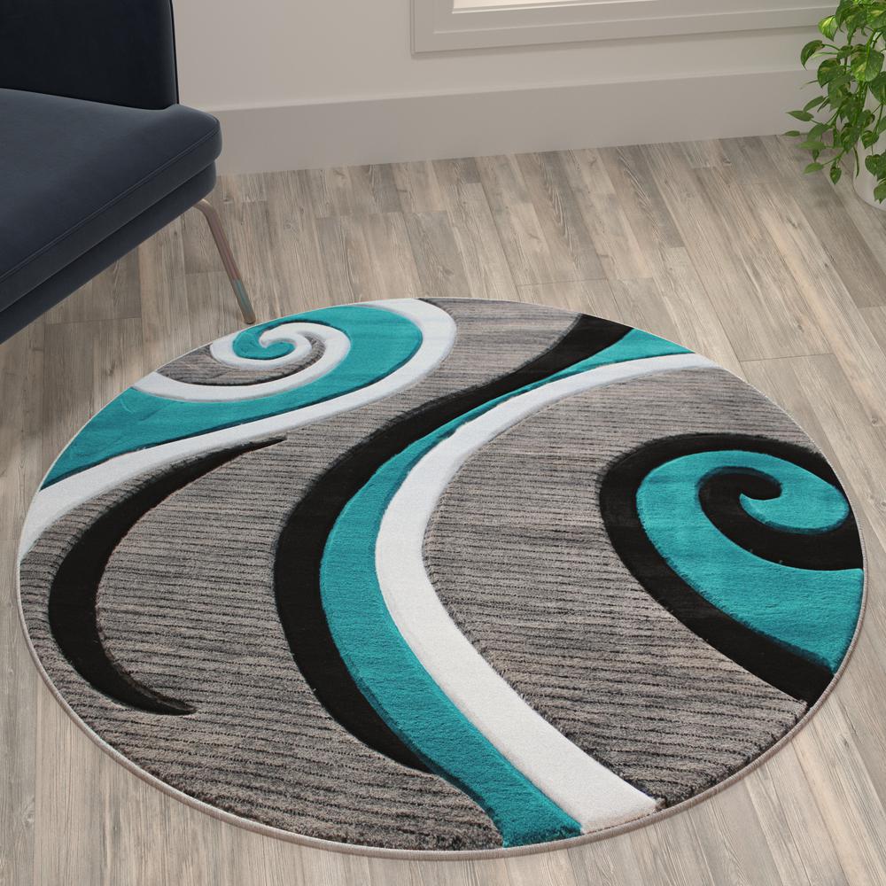 Atlan Collection 4' x 4' Turquoise Round Abstract Area Rug - Olefin Rug with Jute Backing - Entryway, Living Room or Bedroom. Picture 2