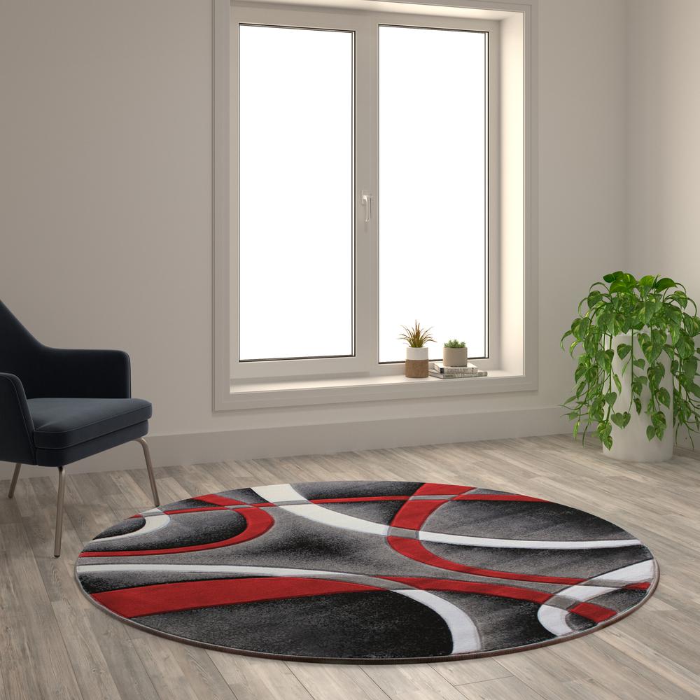 5' x 5' Red Round Abstract Area Rug - Olefin Rug. Picture 5