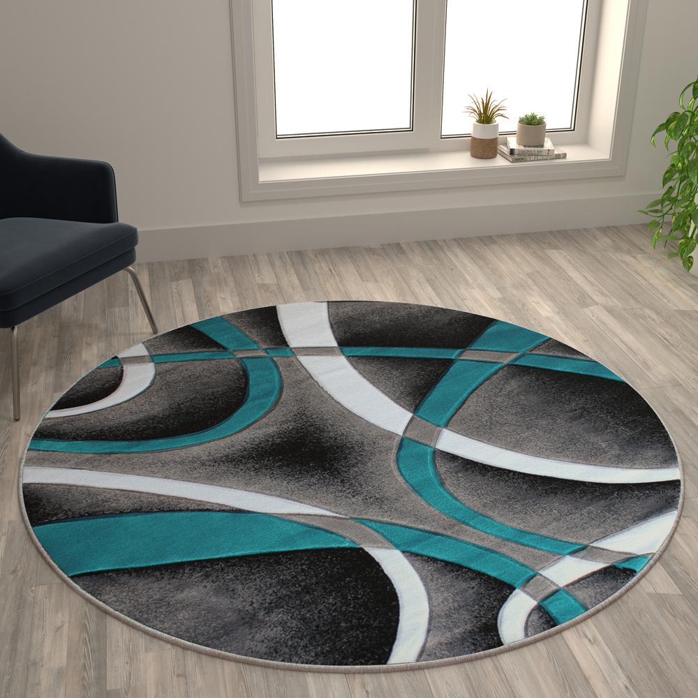 Atlan Collection 5' x 5' Turquoise Round Abstract Area Rug - Olefin Rug with Jute Backing - Entryway, Living Room or Bedroom. Picture 2