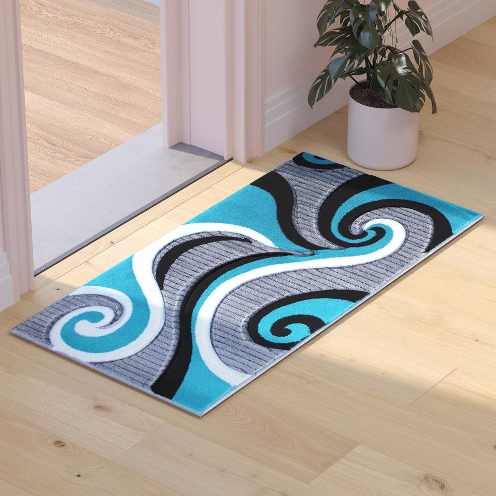 2' x 3' Turquoise Abstract Area Rug - Olefin Rug - Hallway, Entryway, or Bedroom. Picture 2