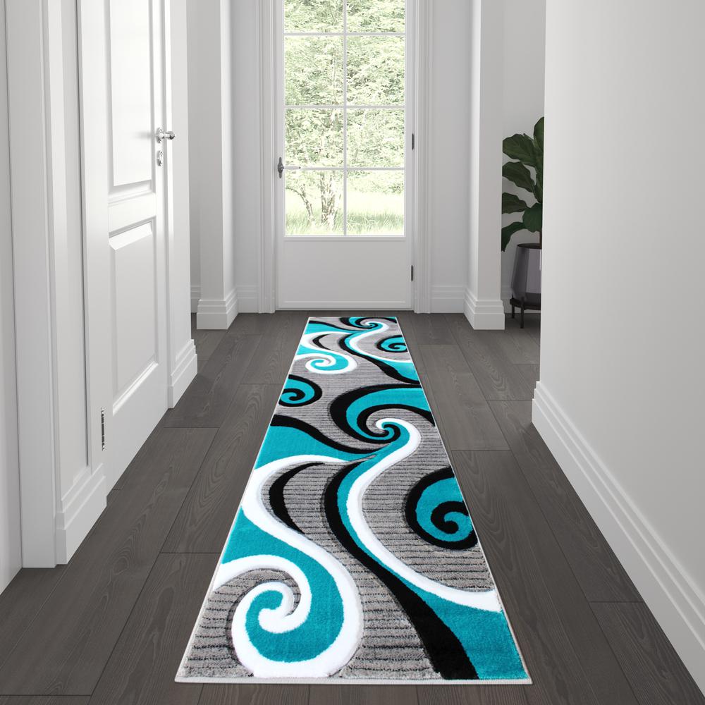 2' x 7' Turquoise Abstract Area Rug - Olefin Rug - Hallway, Entryway, or Bedroom. Picture 2