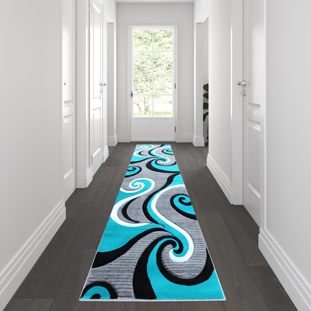 3' x 10' Turquoise Abstract Area Rug - Olefin Rug. Picture 2