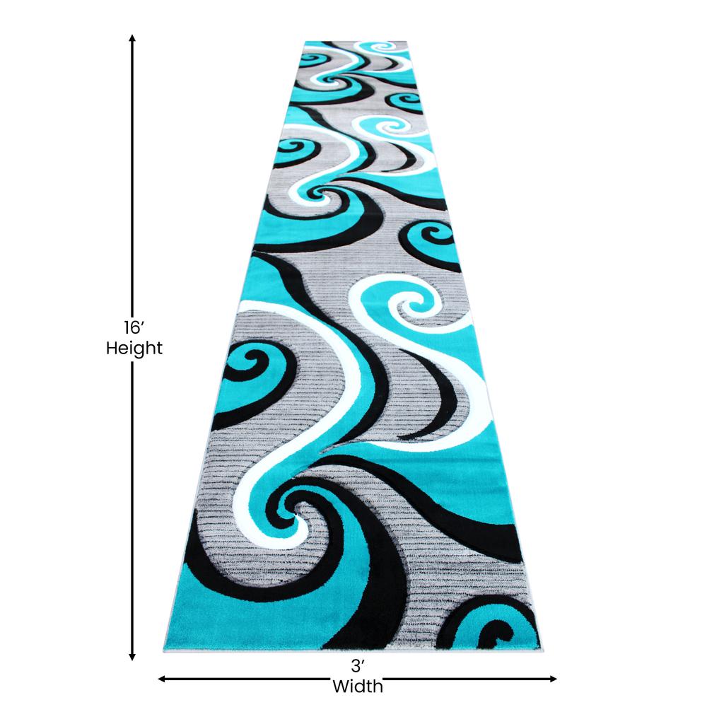 3' x 16' Turquoise Abstract Area Rug - Olefin Rug. Picture 4