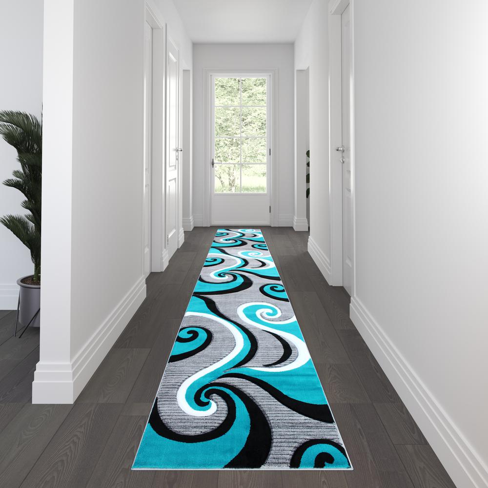 3' x 16' Turquoise Abstract Area Rug - Olefin Rug. Picture 2