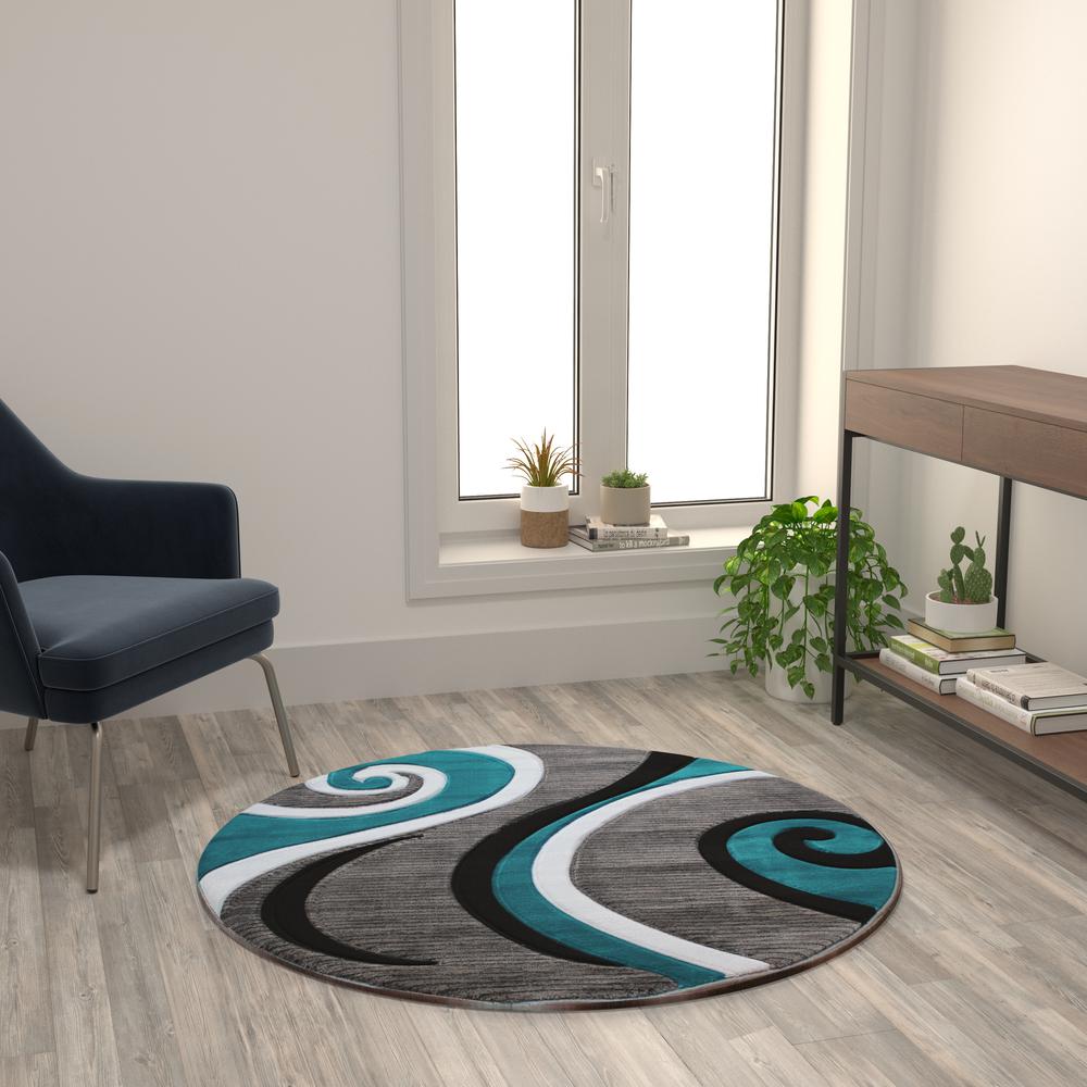 4' x 4' Turquoise Abstract Area Rug - Olefin Rug - Hallway, Entryway, or Bedroom. Picture 2