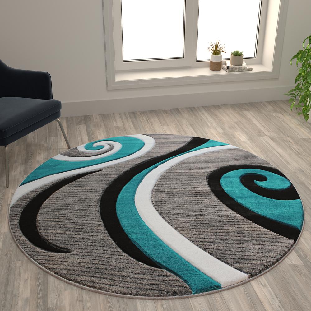 5' x 5' Turquoise Abstract Area Rug - Olefin Rug - Hallway, Entryway, or Bedroom. Picture 2