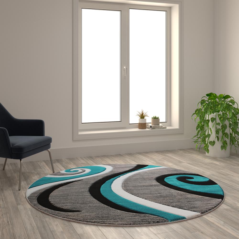 5' x 5' Turquoise Abstract Area Rug - Olefin Rug - Hallway, Entryway, or Bedroom. Picture 5