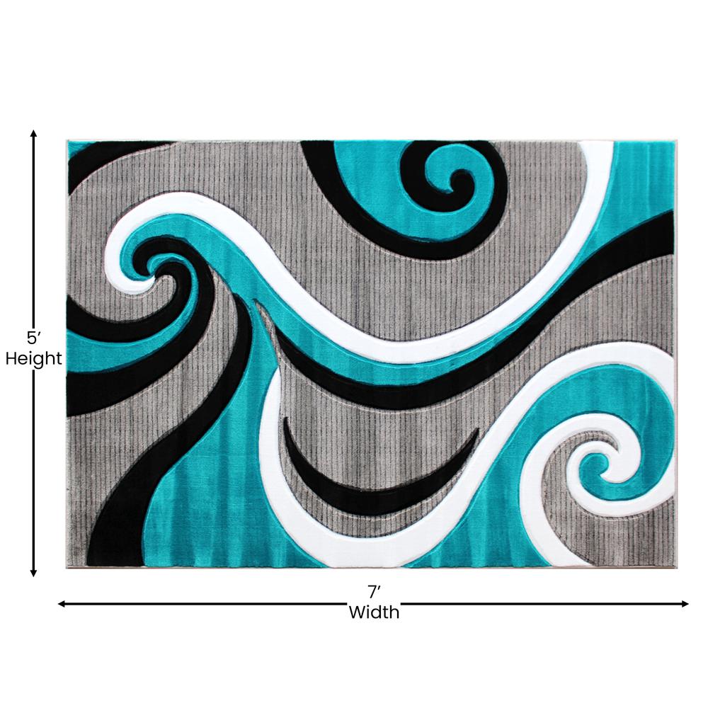 Athos Collection 5' x 7' Turquoise Abstract Area Rug - Olefin Rug with Jute Backing - Hallway, Entryway, or Bedroom. Picture 4