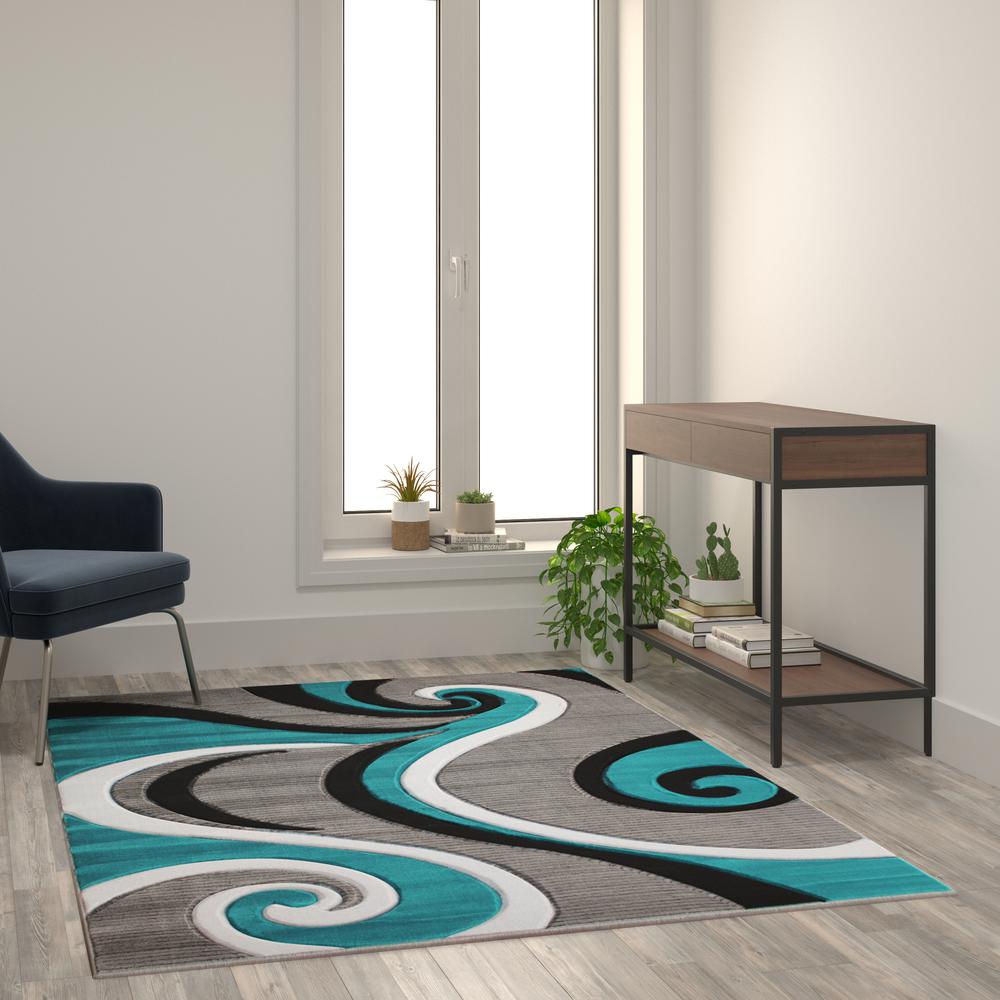 Athos Collection 5' x 7' Turquoise Abstract Area Rug - Olefin Rug with Jute Backing - Hallway, Entryway, or Bedroom. Picture 2