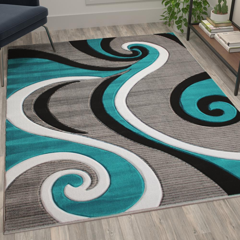 Athos Collection 5' x 7' Turquoise Abstract Area Rug - Olefin Rug with Jute Backing - Hallway, Entryway, or Bedroom. Picture 5