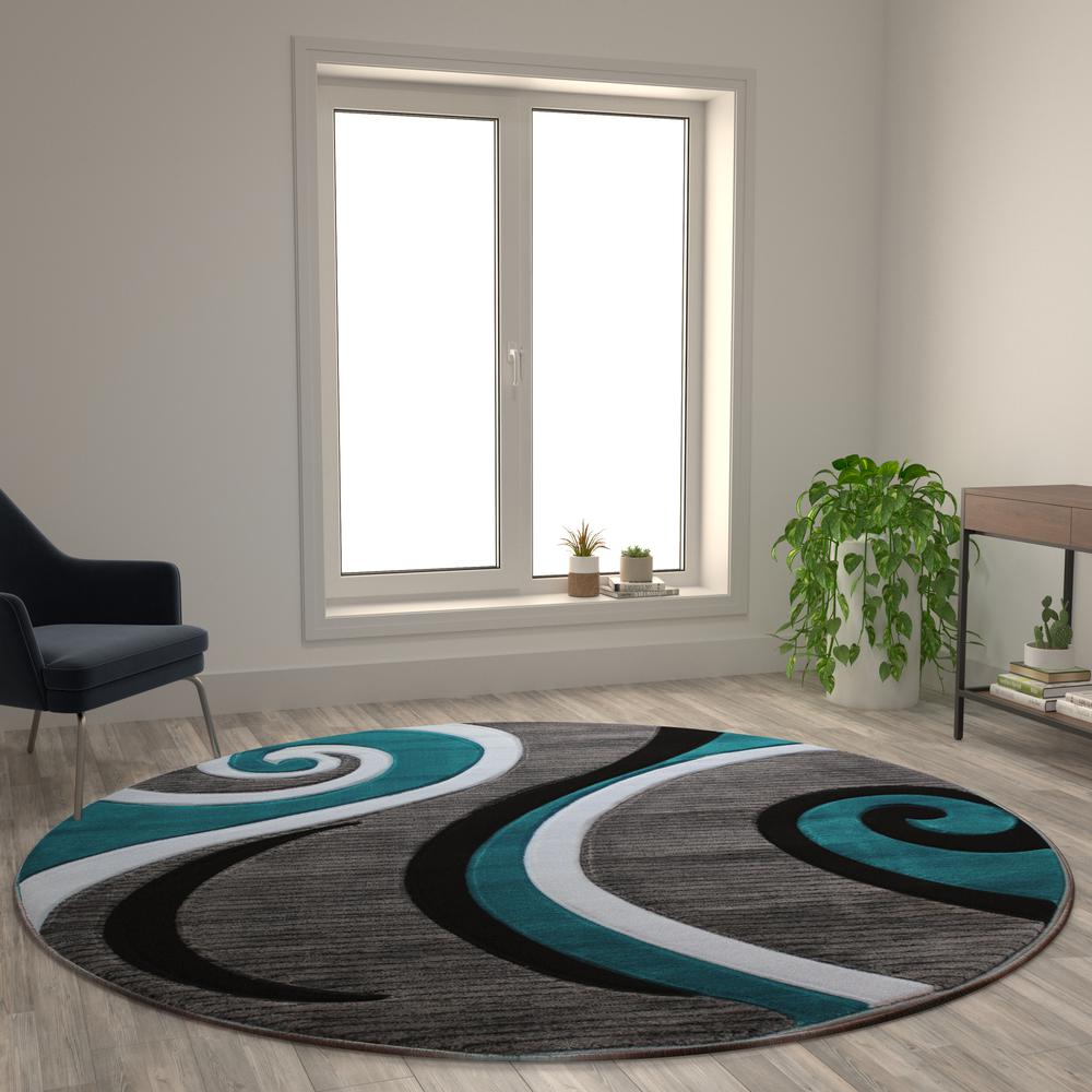 8' x 8' Turquoise Abstract Area Rug - Olefin Rug - Hallway, Entryway, or Bedroom. Picture 2