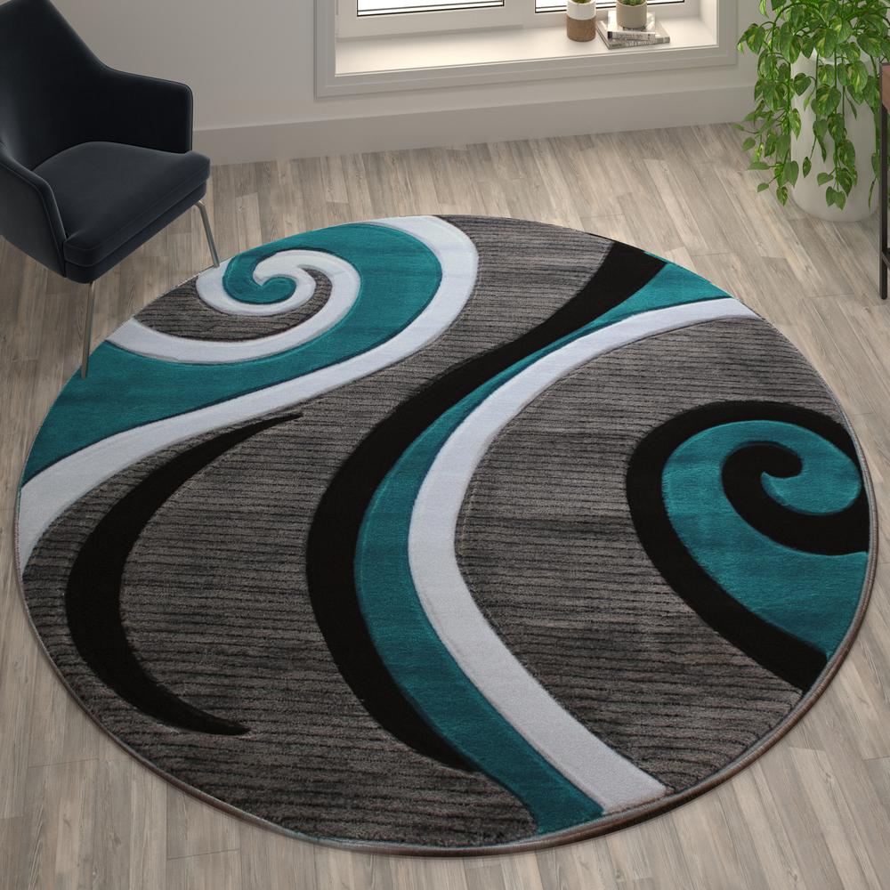 8' x 8' Turquoise Abstract Area Rug - Olefin Rug - Hallway, Entryway, or Bedroom. Picture 5
