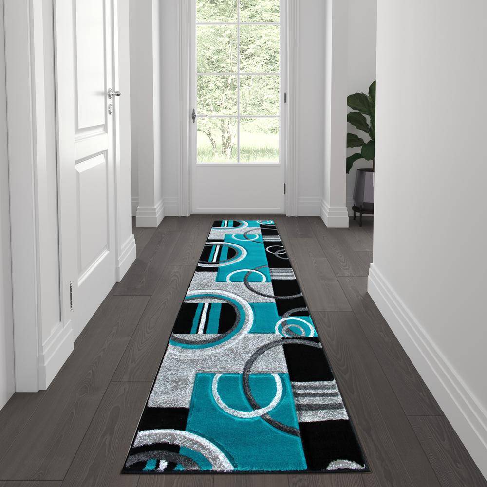 2' x 7' Turquoise Geometric Abstract Area Rug - Olefin Rug. Picture 2