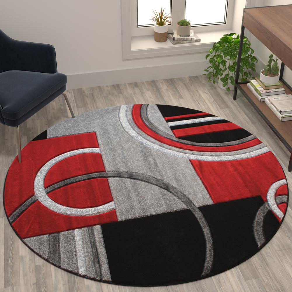Round 5' x 5' Red Abstract Area Rug - Olefin Rug. Picture 5