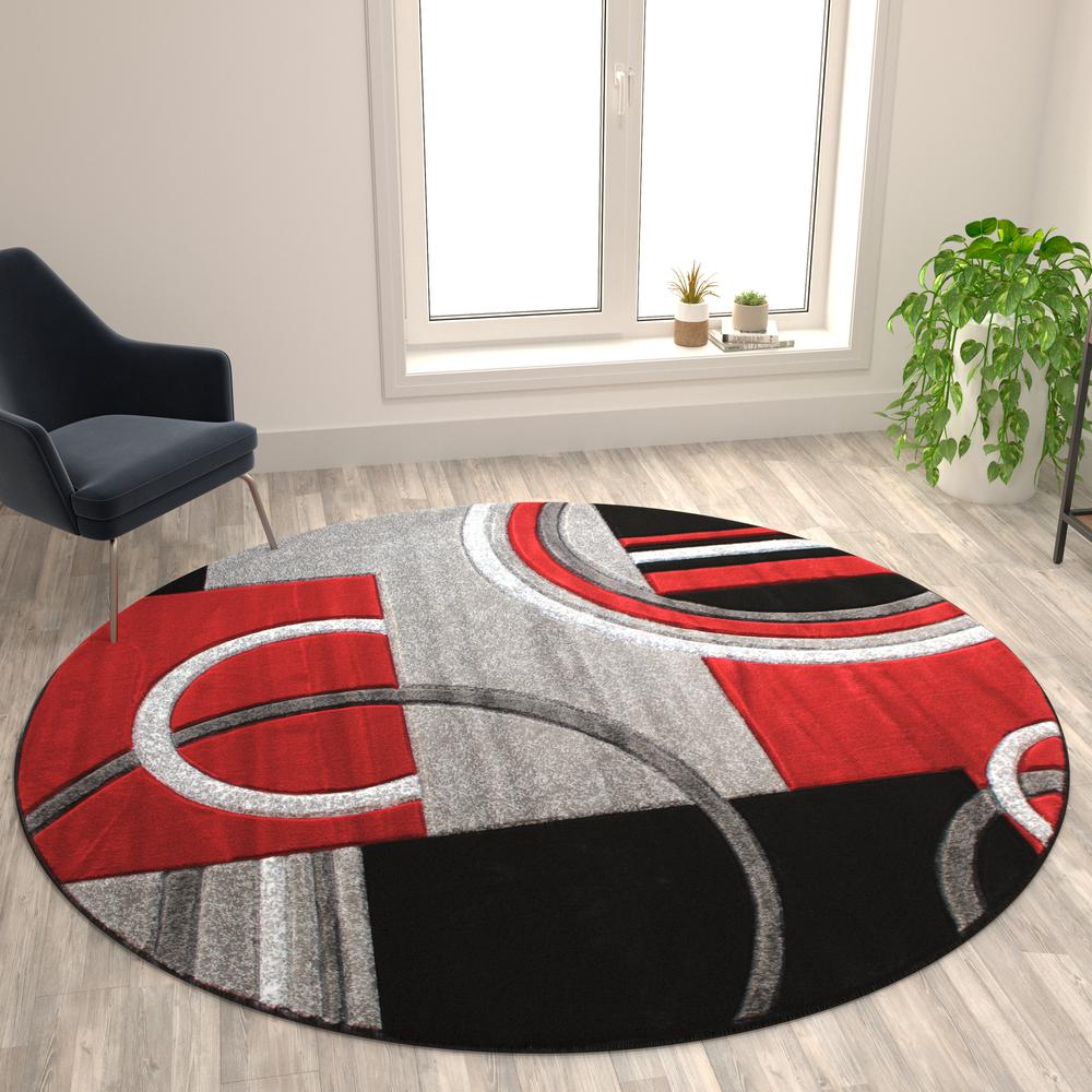 Round 8' x 8' Red Abstract Area Rug - Olefin Rug. Picture 2