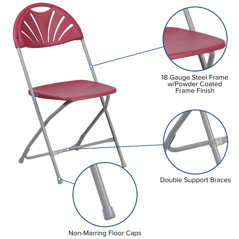 650 lb. Capacity Burgundy Plastic Fan Back Folding Chair. Picture 15