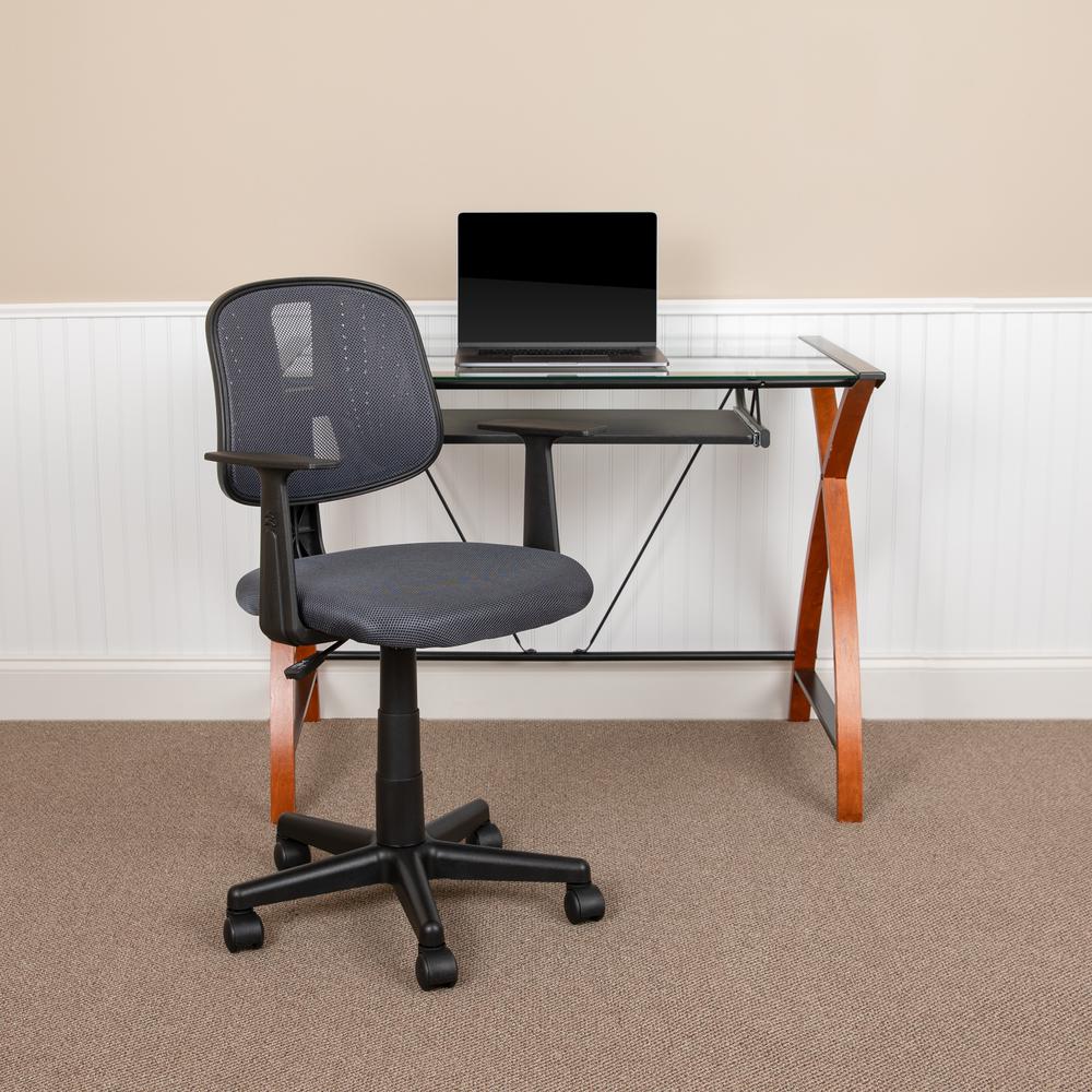 Mid-Back Gray Mesh Swivel Task Office Chair with Pivot Back and Arms. Picture 2