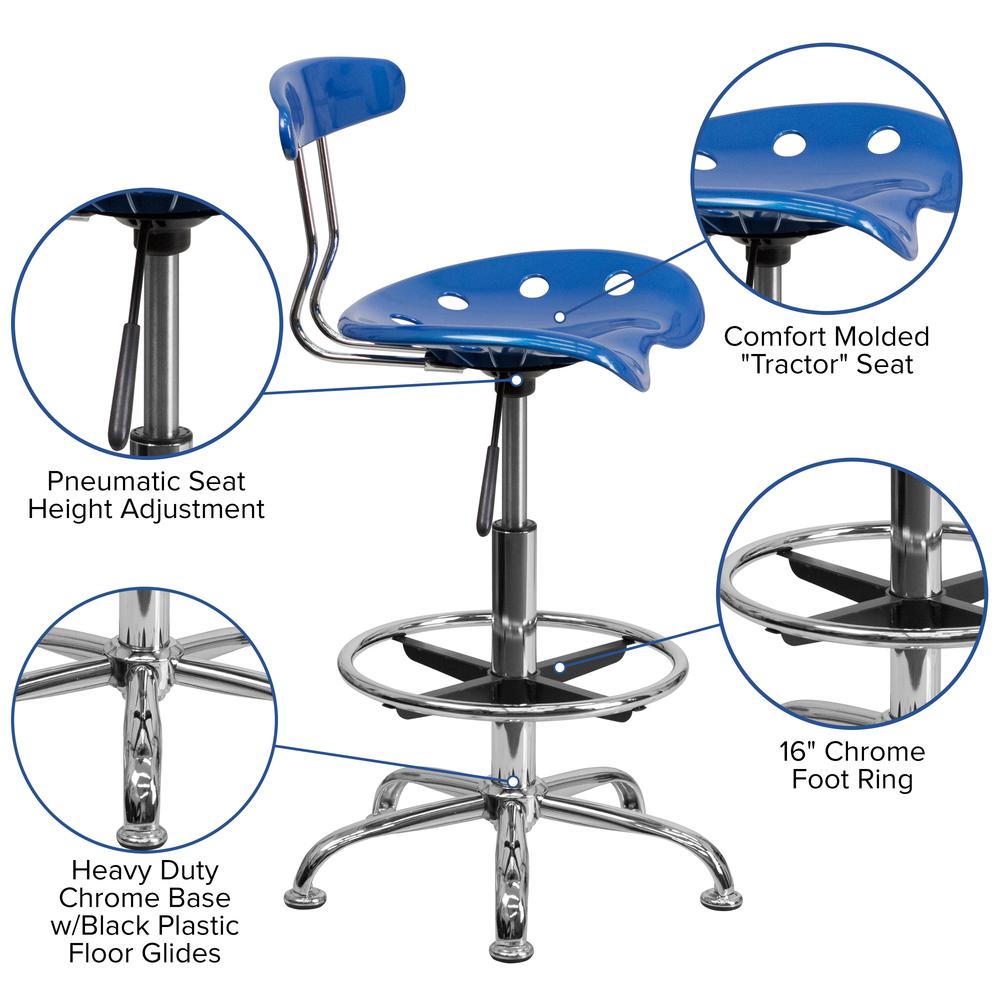 Vibrant Bright Blue and Chrome Drafting Stool with Tractor Seat. Picture 5