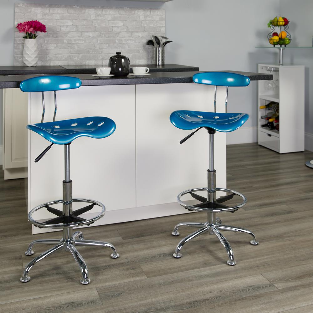 Vibrant Bright Blue and Chrome Drafting Stool with Tractor Seat. Picture 6