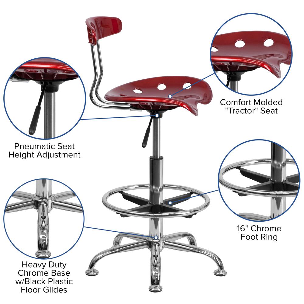 Vibrant Wine Red and Chrome Drafting Stool with Tractor Seat. Picture 5