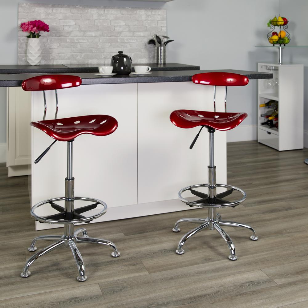 Vibrant Wine Red and Chrome Drafting Stool with Tractor Seat. Picture 8