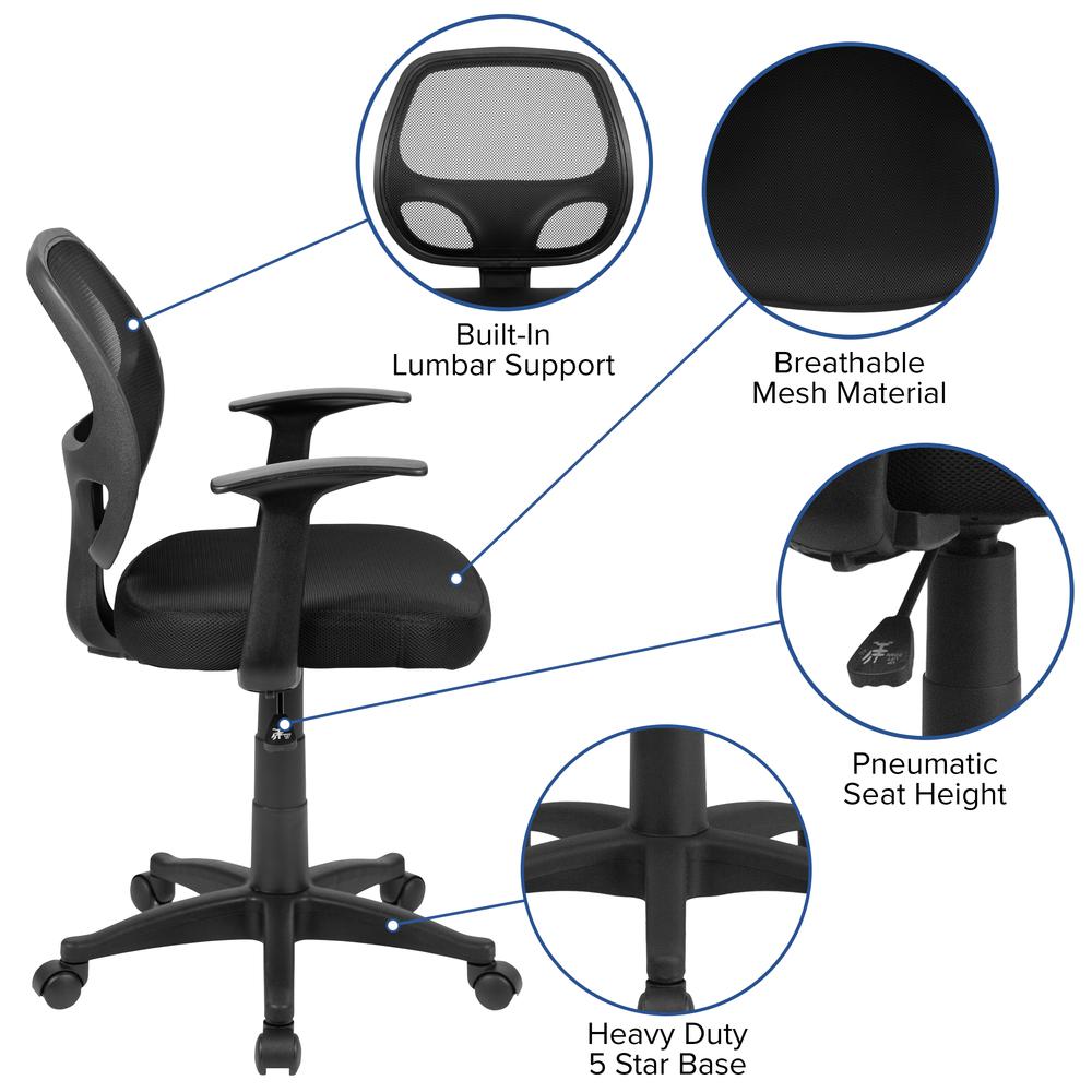 Mid-Back Black Mesh Swivel Ergonomic Task Office Chair with T-Arms - Desk Chair, BIFMA Certified. Picture 6