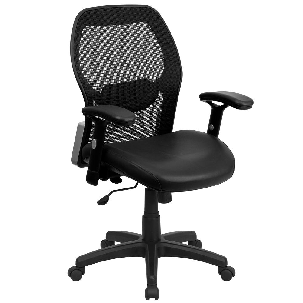 Mid-Back Black Super Mesh Executive Swivel Office Chair with LeatherSoft Seat and Adjustable Lumbar & Arms. Picture 1