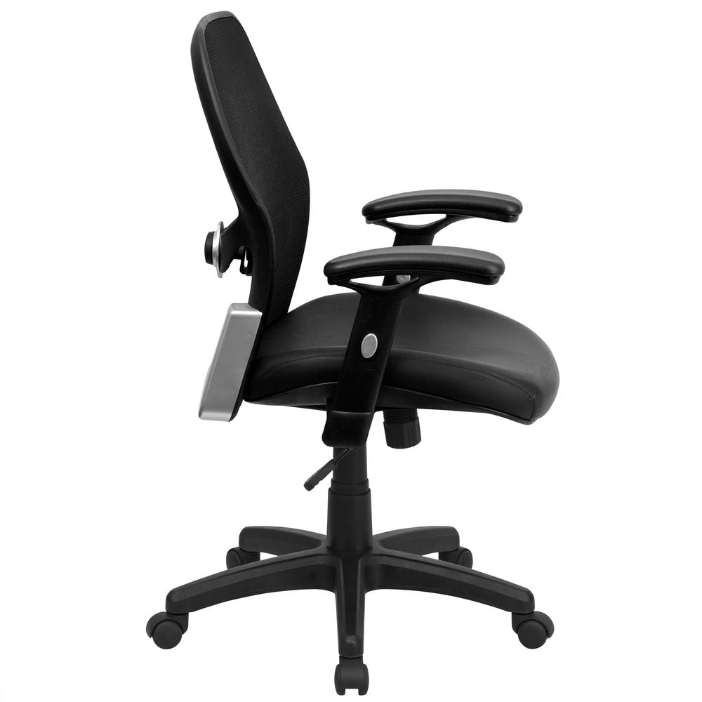 Mid-Back Black Super Mesh Executive Swivel Office Chair with LeatherSoft Seat and Adjustable Lumbar & Arms. Picture 2