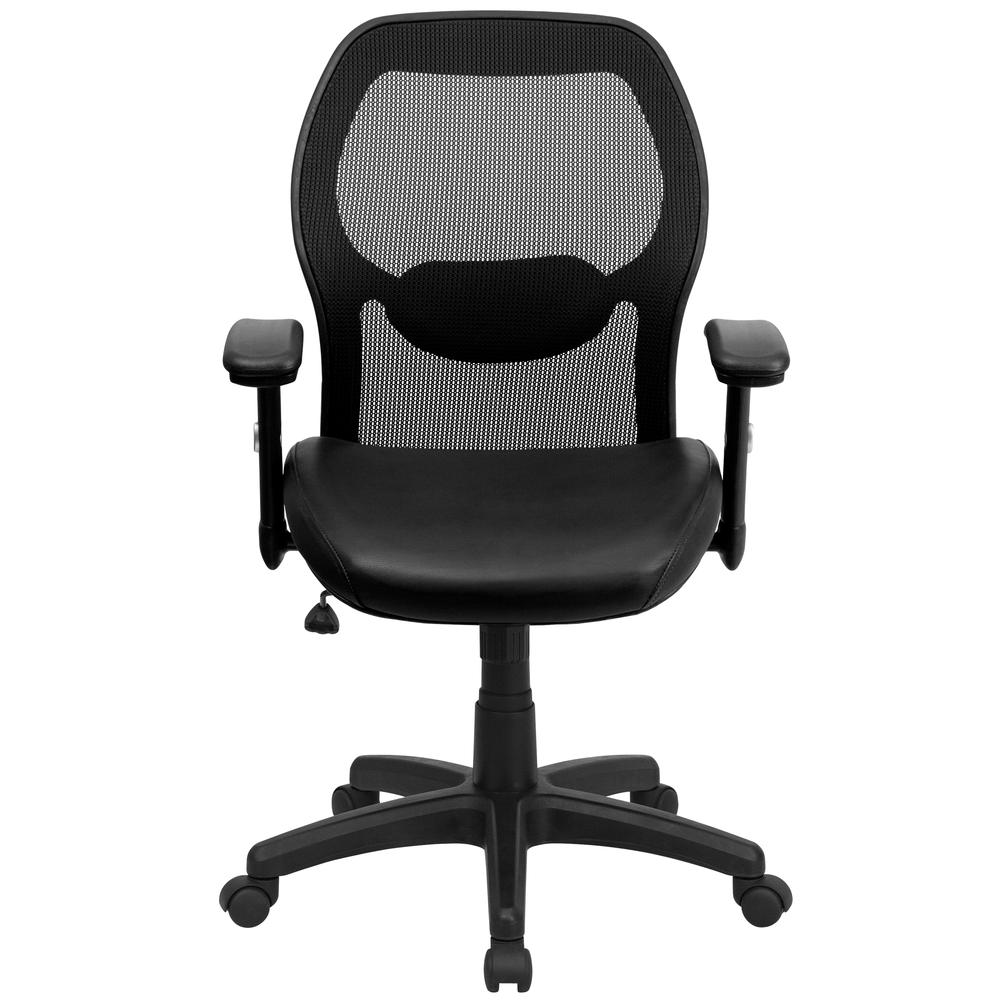 Mid-Back Black Super Mesh Executive Swivel Office Chair with LeatherSoft Seat and Adjustable Lumbar & Arms. Picture 4