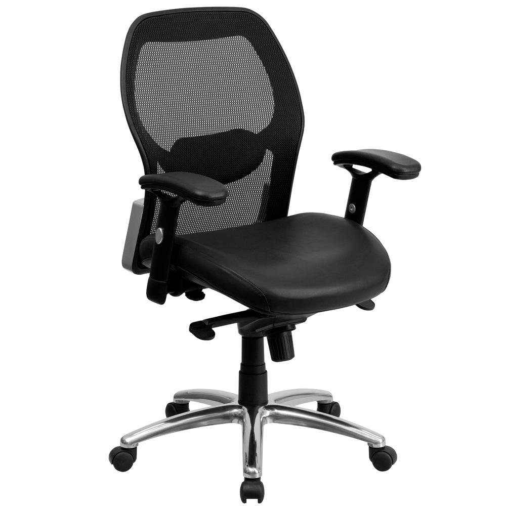 Mid-Back Black Super Mesh Executive Swivel Office Chair with LeatherSoft Seat, Knee Tilt Control and Adjustable Lumbar & Arms. Picture 1