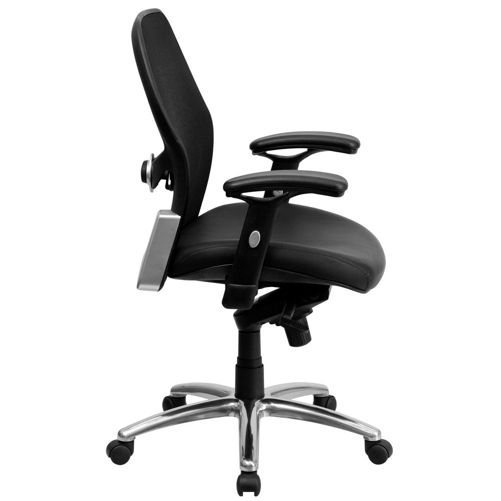 Mid-Back Black Super Mesh Executive Swivel Office Chair with LeatherSoft Seat, Knee Tilt Control and Adjustable Lumbar & Arms. Picture 2