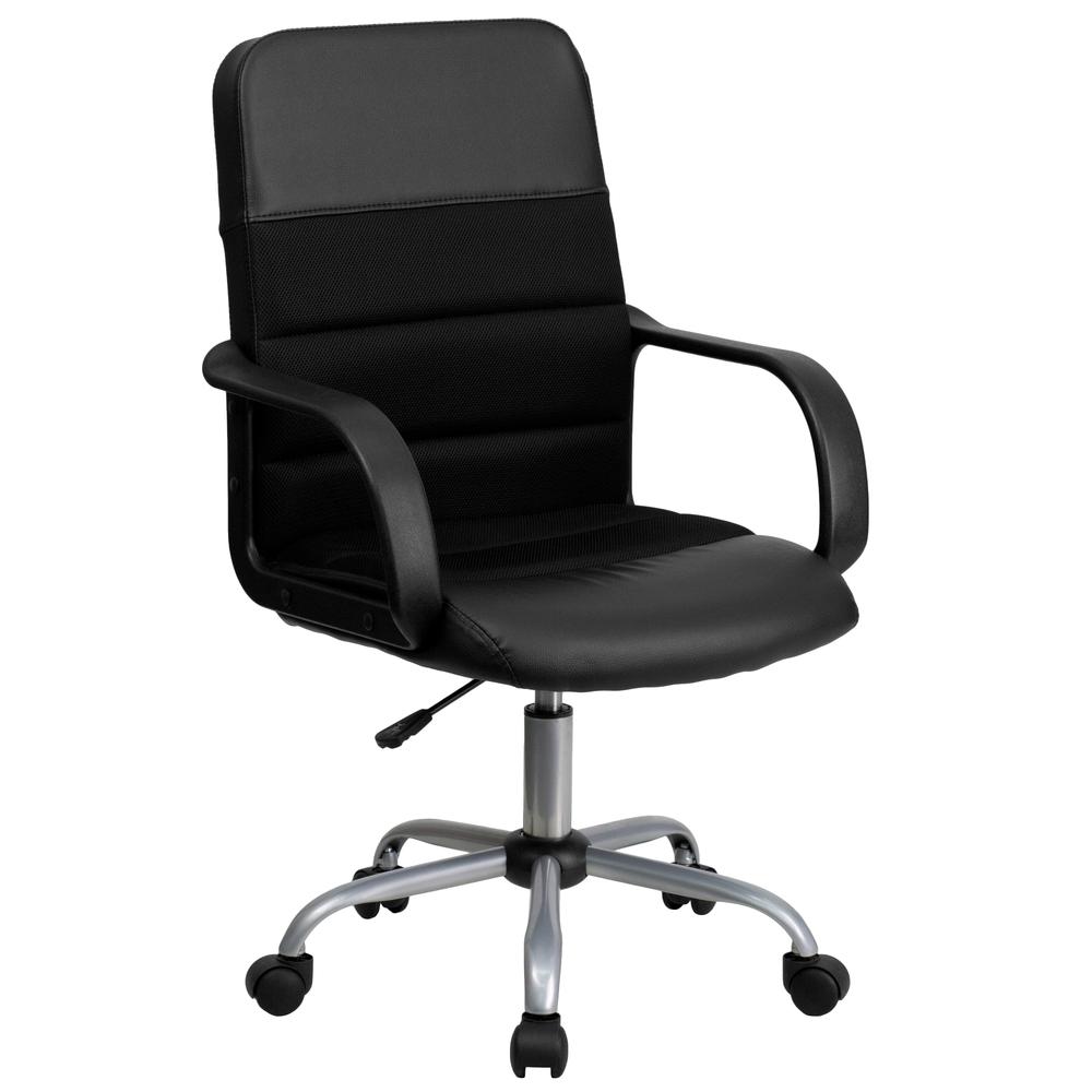 Mid-Back Black LeatherSoft and Mesh Swivel Task Office Chair with Arms. Picture 1