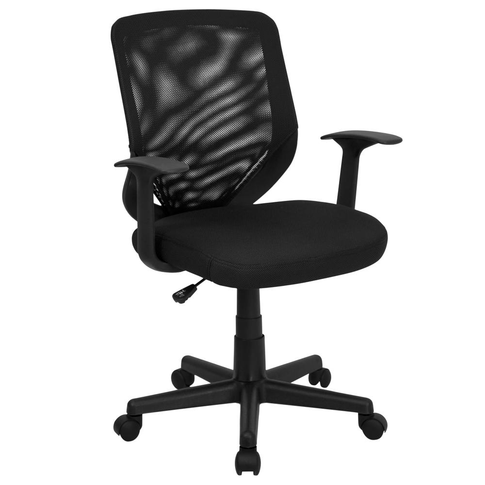 Mid-Back Black Mesh Tapered Back Swivel Task Office Chair with T-Arms. Picture 1