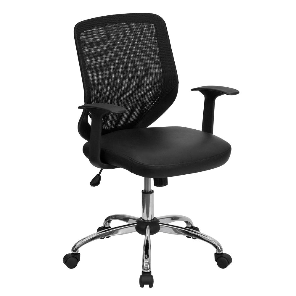 Mid-Back Black Mesh Tapered Back Swivel Task Office Chair with LeatherSoft Seat, Chrome Base and T-Arms. Picture 1