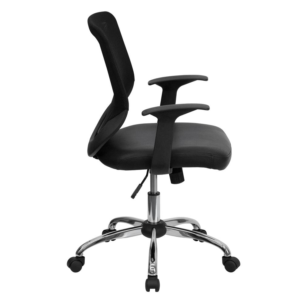 Mid-Back Black Mesh Tapered Back Swivel Task Office Chair with LeatherSoft Seat, Chrome Base and T-Arms. Picture 2