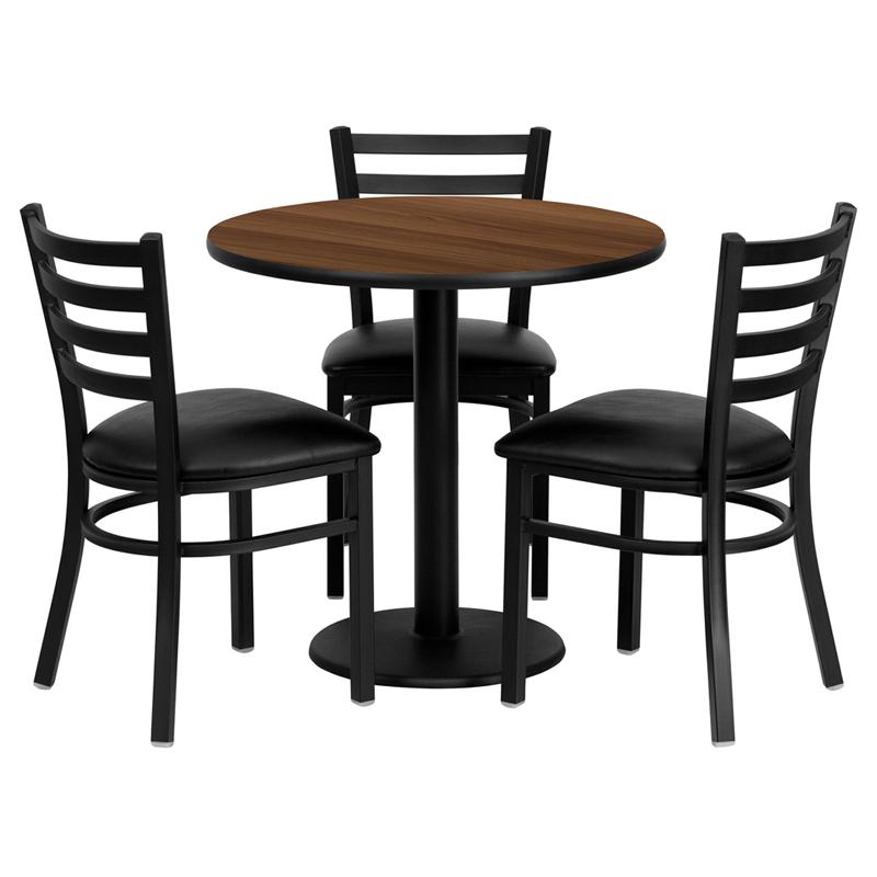 30'' Round Walnut Laminate Table Set with 3 Ladder Back Metal Chairs - Black Vinyl Seat. Picture 1
