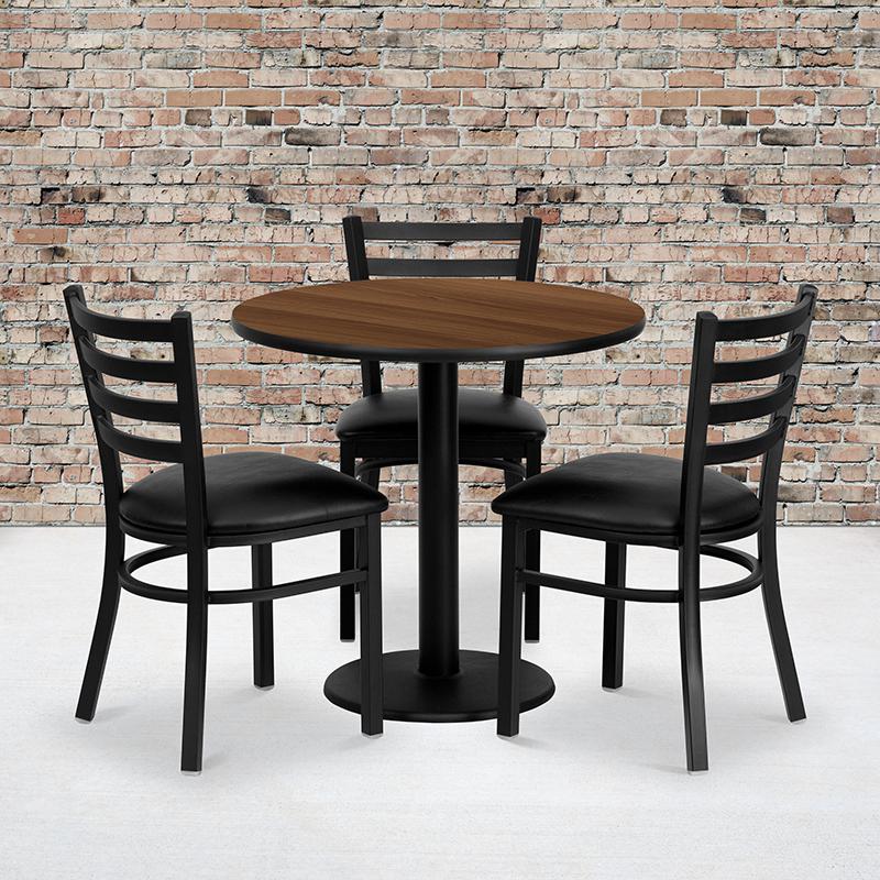30'' Round Walnut Laminate Table Set with 3 Ladder Back Metal Chairs - Black Vinyl Seat. Picture 2