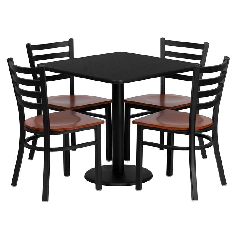 30'' Square Black Table Set with 4 Ladder Back Metal Chairs - Cherry Wood Seat. Picture 2